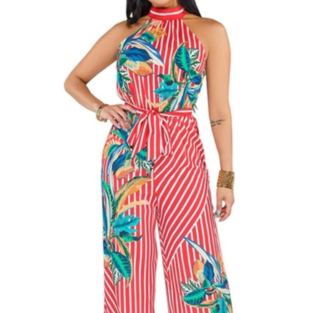 NWT High Neck Wide Leg Tie Waist Tropical Jumpsuit - Picture 3 of 6